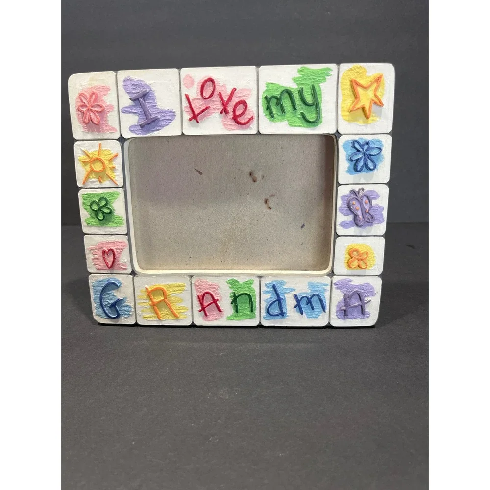 I Love My Grandma Ceramic Picture Frame 4x6 Colorful heart flower Crayon Design